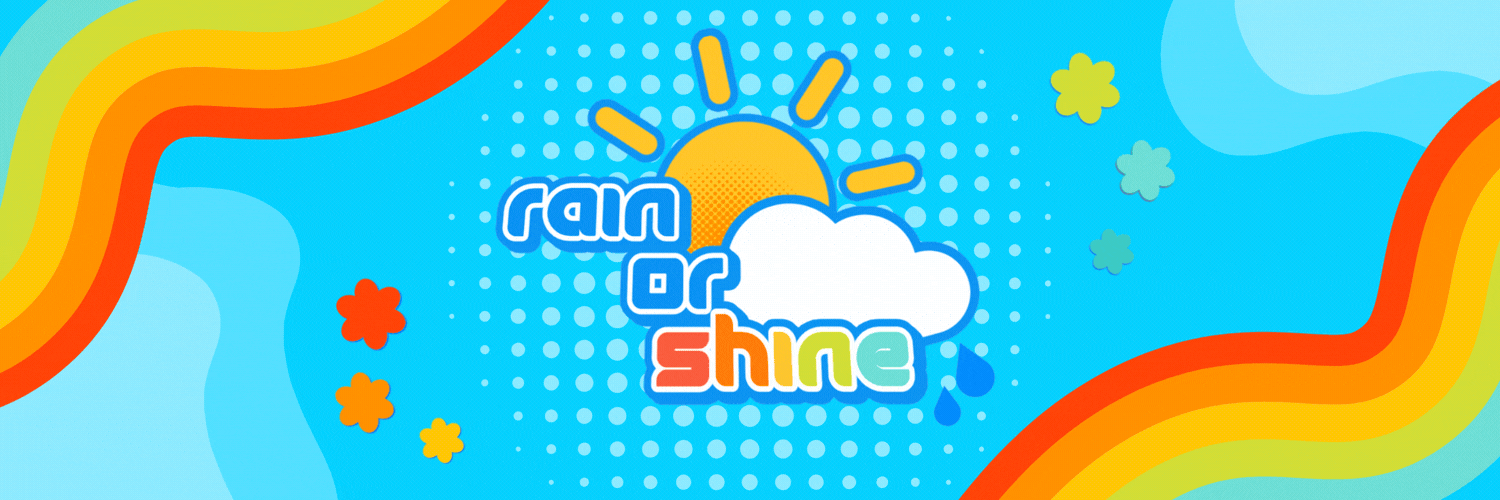 Animated logo gif of rainorshine surrounded by clouds and spinning red, orange, and yellow flowers